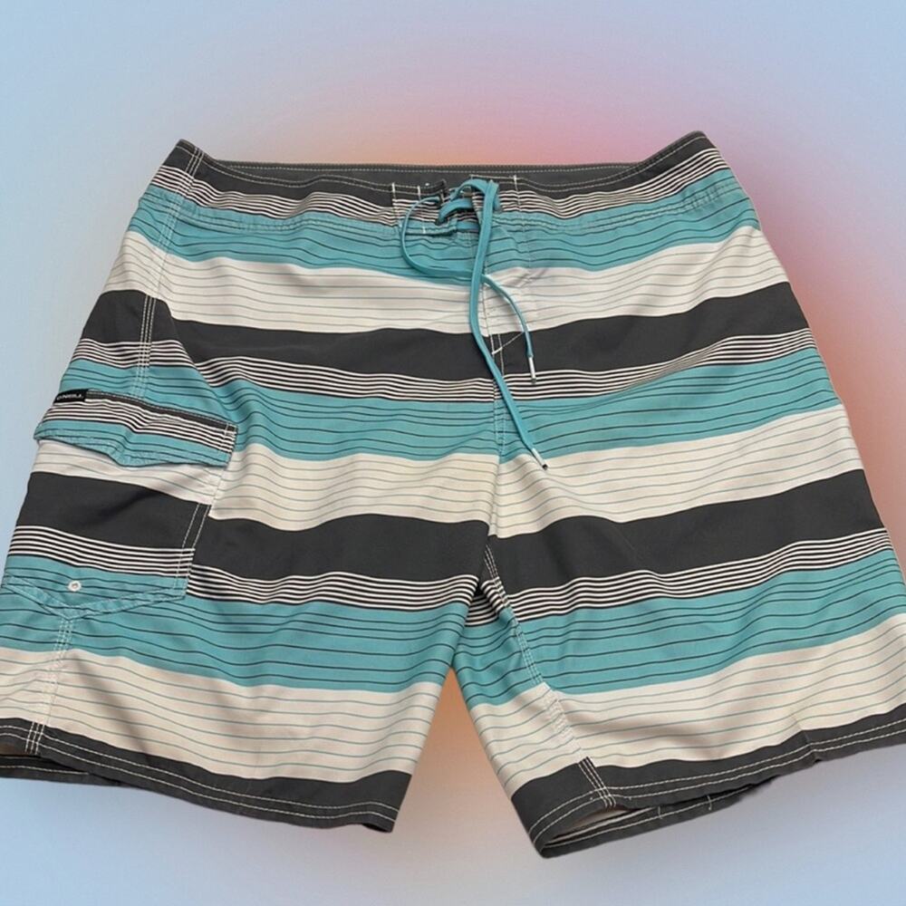 O’NEILL Men’s 36 Striped Board Shorts Blue Gray Black White